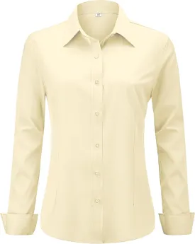 Soft Wrinkle-Free Women's Button Down Dress Shirts Solid Long Sleeve Work Blouses Fit Stretch Casual Tops XXS-6XL
