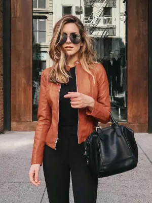 Stylish PU Solid Single Breasted Women's Leather Jacket for Autumn/Winter