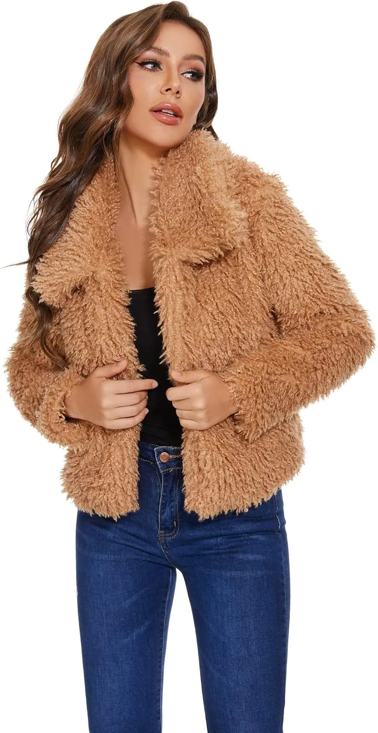 SUGAR POISON Women Winter Coats 2023 Women's Long Sleeve Fluffy Faux Fur Warm Coat Sherpa Jacket Outwear