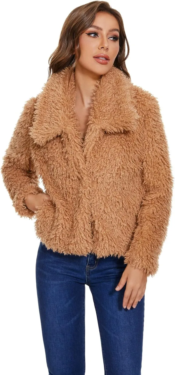 SUGAR POISON Women Winter Coats 2023 Women's Long Sleeve Fluffy Faux Fur Warm Coat Sherpa Jacket Outwear