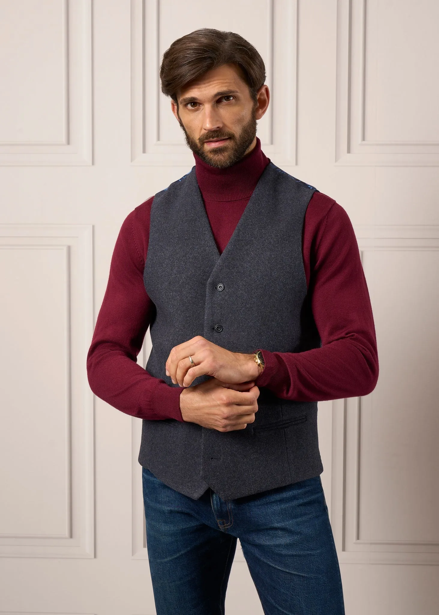 Surrey Men's Tweed Lined Country Waistcoat In Blue - Regular Fit