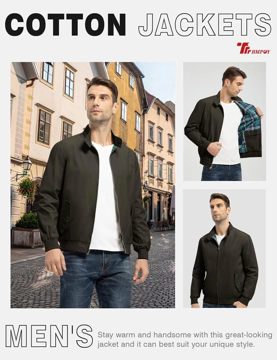 TBMPOY Men's Lightweight Cotton Jackets Golf Full Zip Windbreaker Spring Fall Stylish Casual Jackets Work bomber