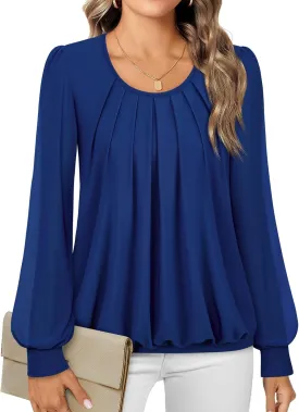 Timeson Women's Long Sleeve Scoop Neck Pleated Front Fitted Blouse Tops