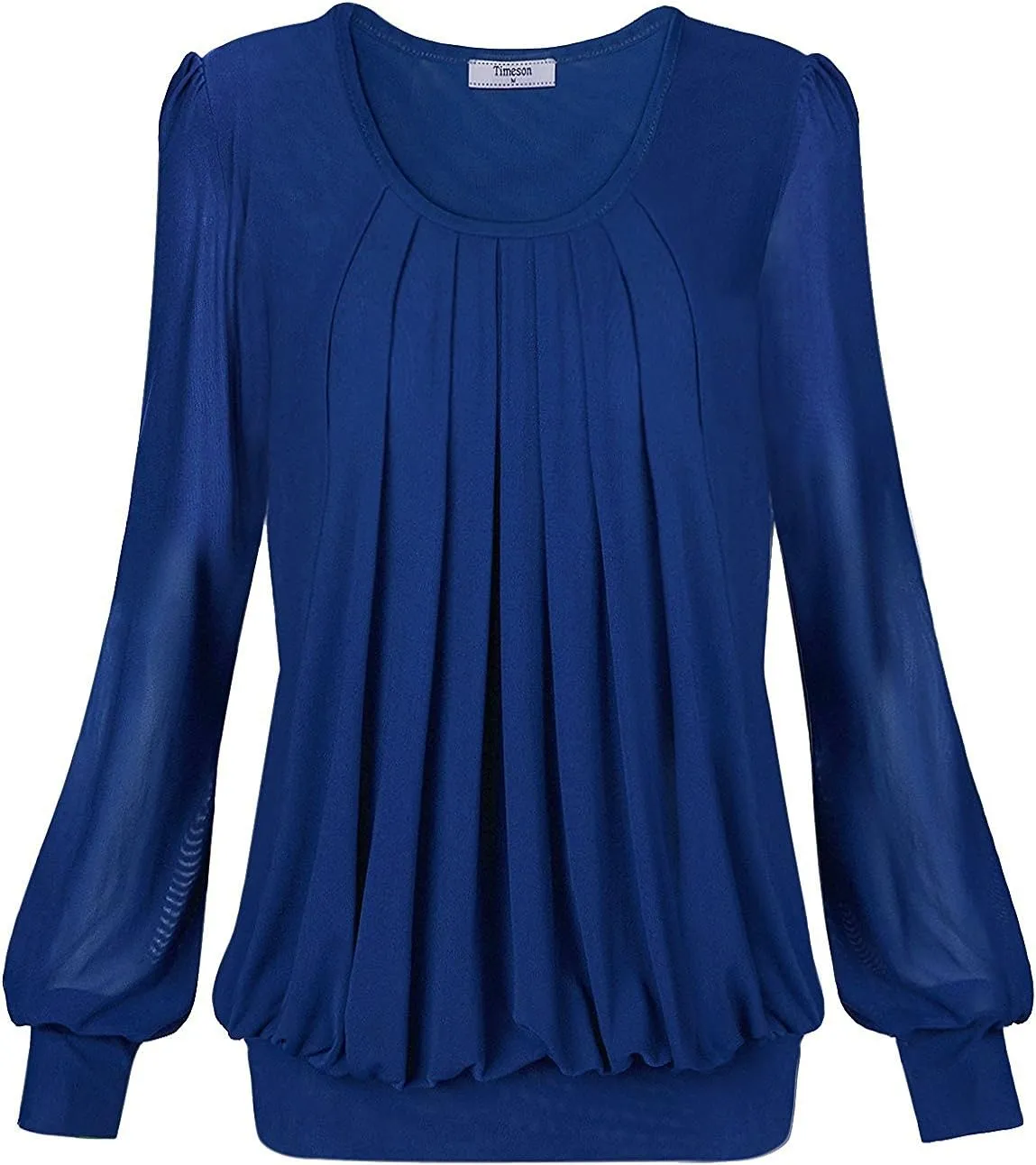 Timeson Women's Long Sleeve Scoop Neck Pleated Front Fitted Blouse Tops