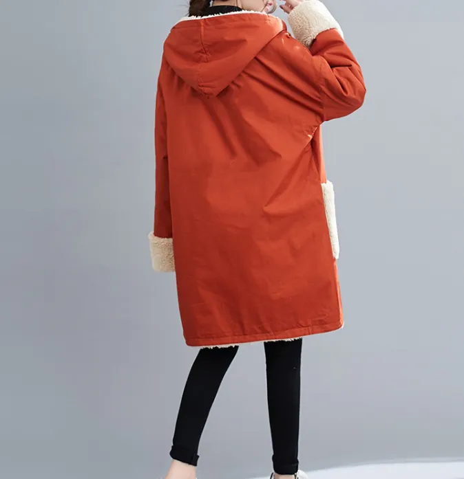 Two Ways Wear Women Casual  Coat Loose Hooded Lamb Wool Plus Size Short Coat Jacket