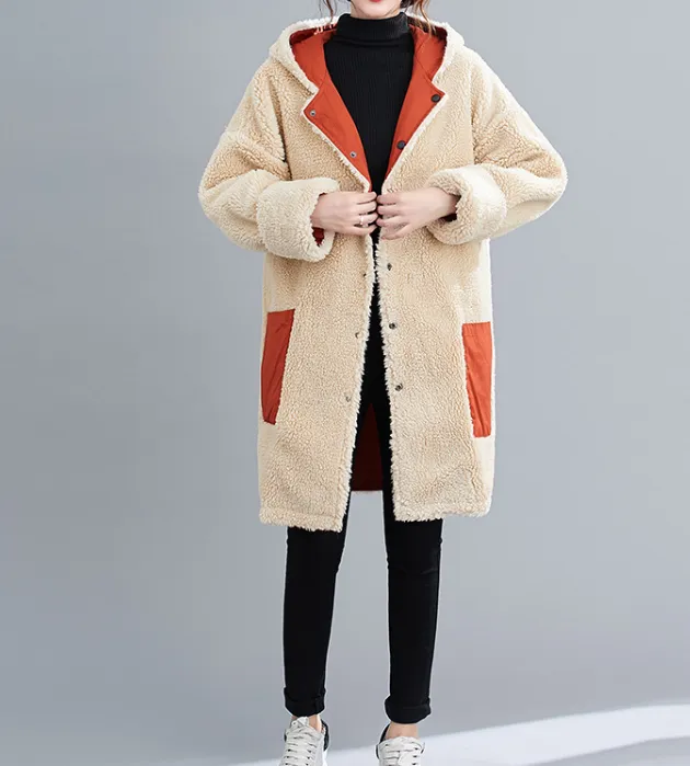 Two Ways Wear Women Casual  Coat Loose Hooded Lamb Wool Plus Size Short Coat Jacket