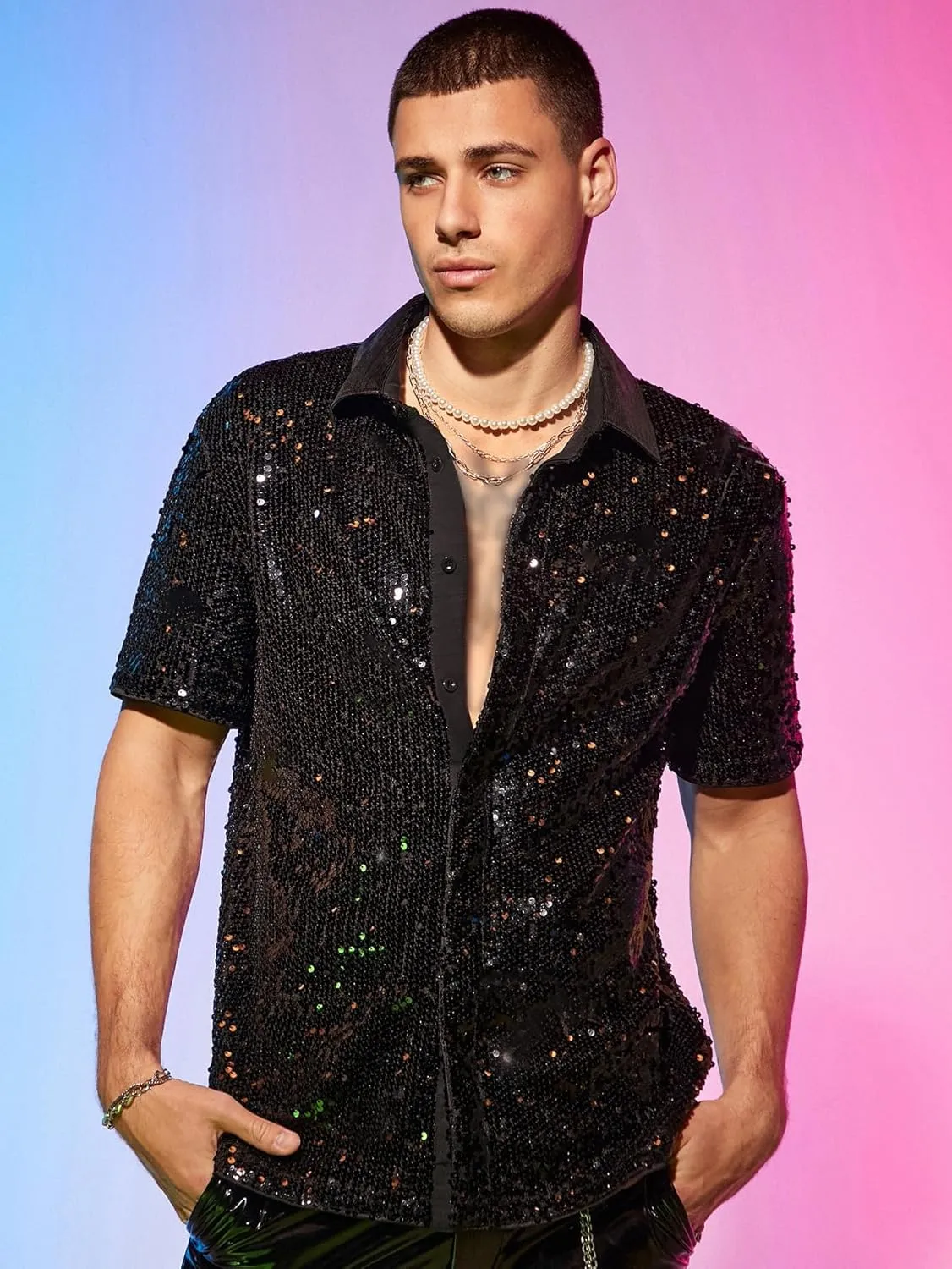 WDIRARA Men's Sequin Color Block Short Sleeve Collared Neck Button Down Shirt Party Club Tops