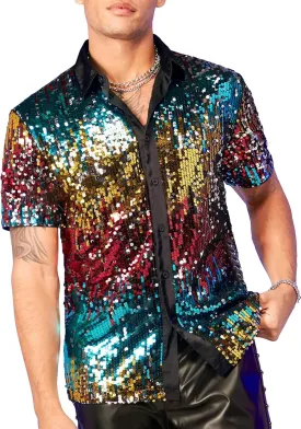 WDIRARA Men's Sequin Color Block Short Sleeve Collared Neck Button Down Shirt Party Club Tops