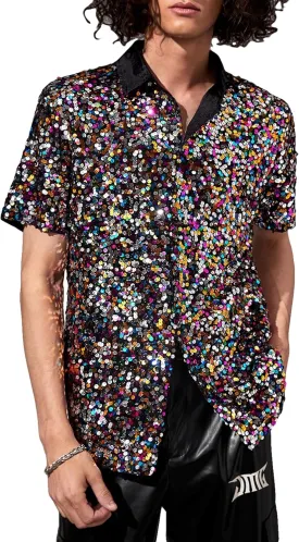 WDIRARA Men's Sequin Color Block Short Sleeve Collared Neck Button Down Shirt Party Club Tops