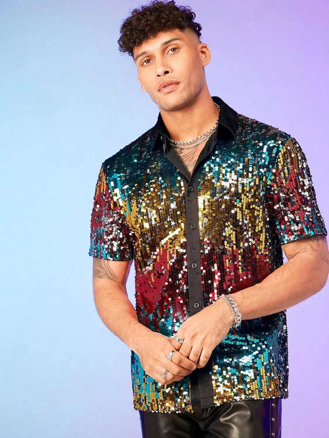 WDIRARA Men's Sequin Color Block Short Sleeve Collared Neck Button Down Shirt Party Club Tops