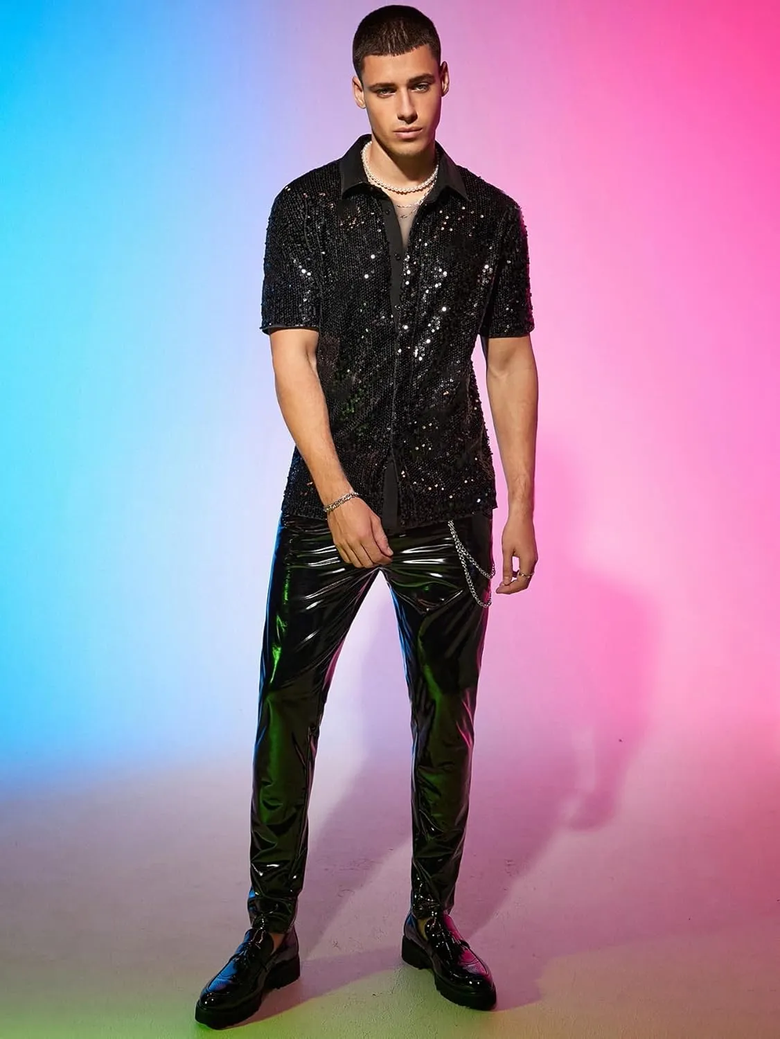 WDIRARA Men's Sequin Color Block Short Sleeve Collared Neck Button Down Shirt Party Club Tops