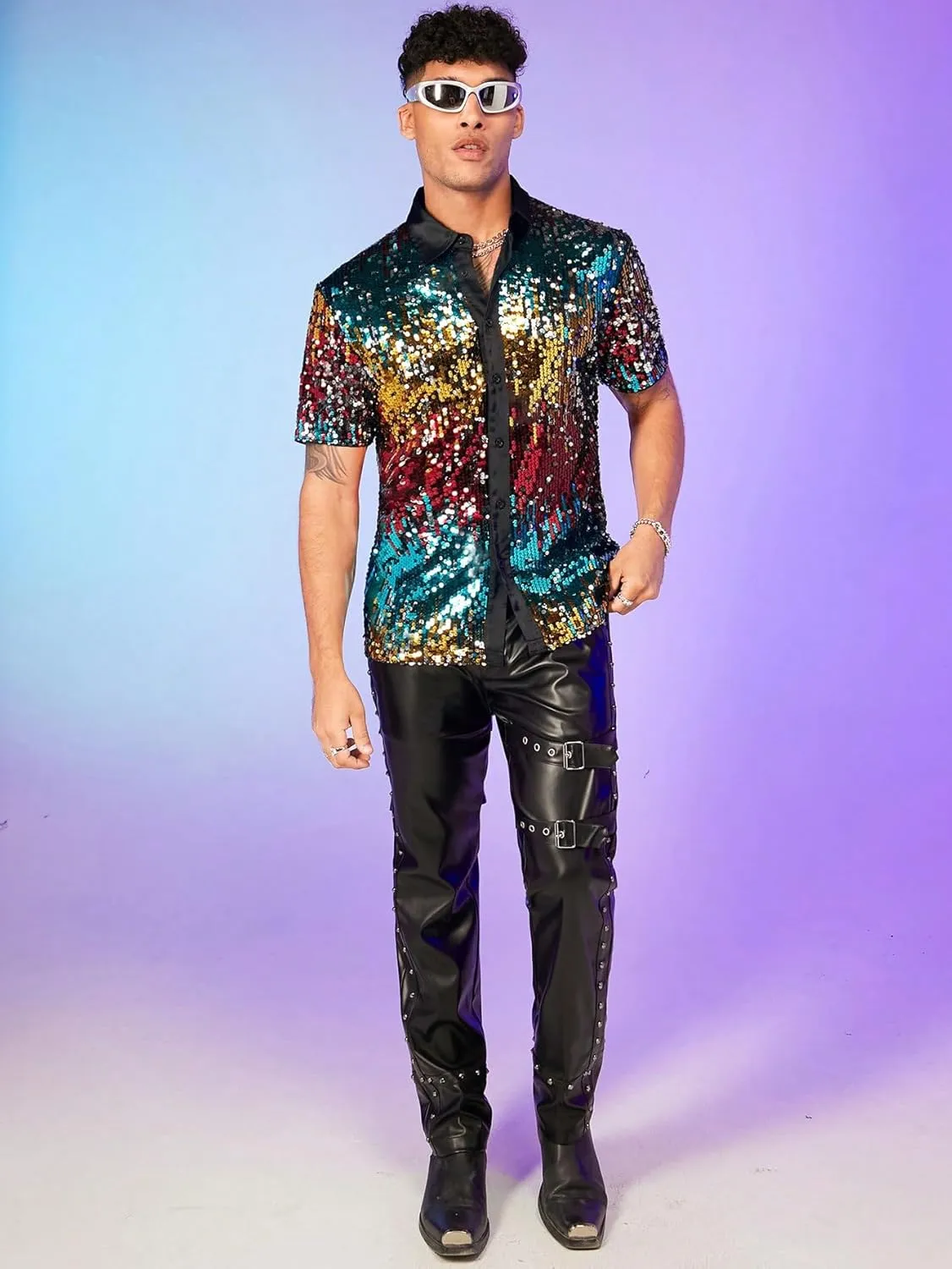 WDIRARA Men's Sequin Color Block Short Sleeve Collared Neck Button Down Shirt Party Club Tops