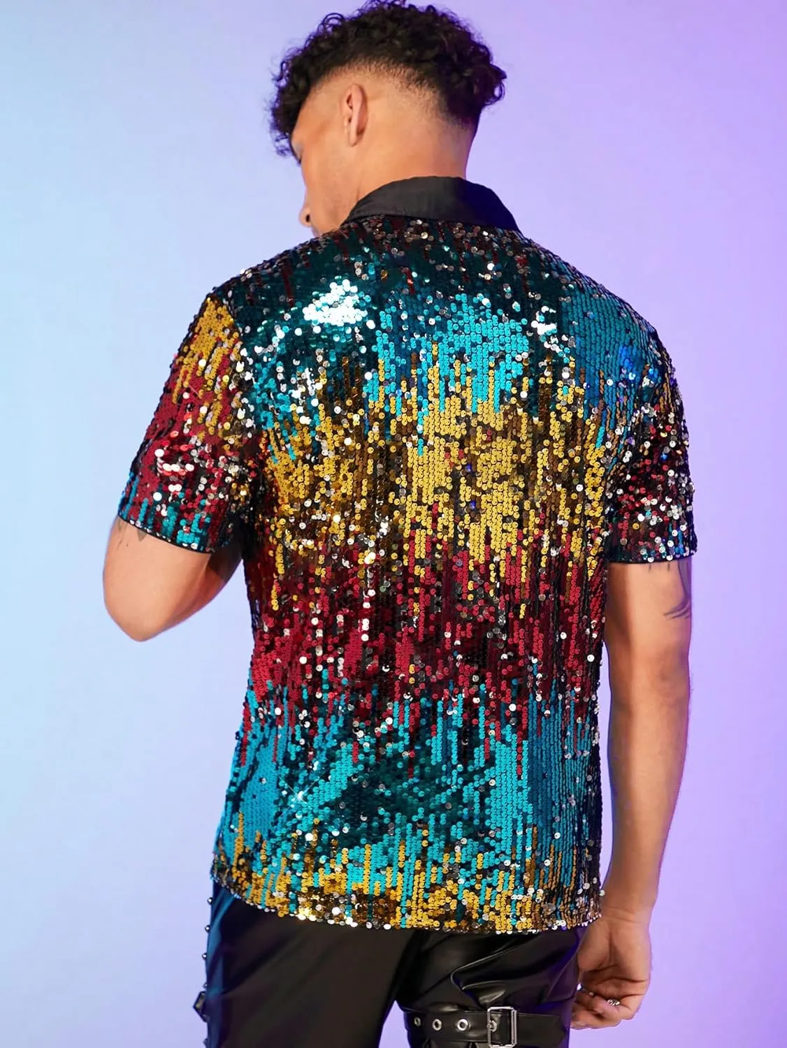 WDIRARA Men's Sequin Color Block Short Sleeve Collared Neck Button Down Shirt Party Club Tops