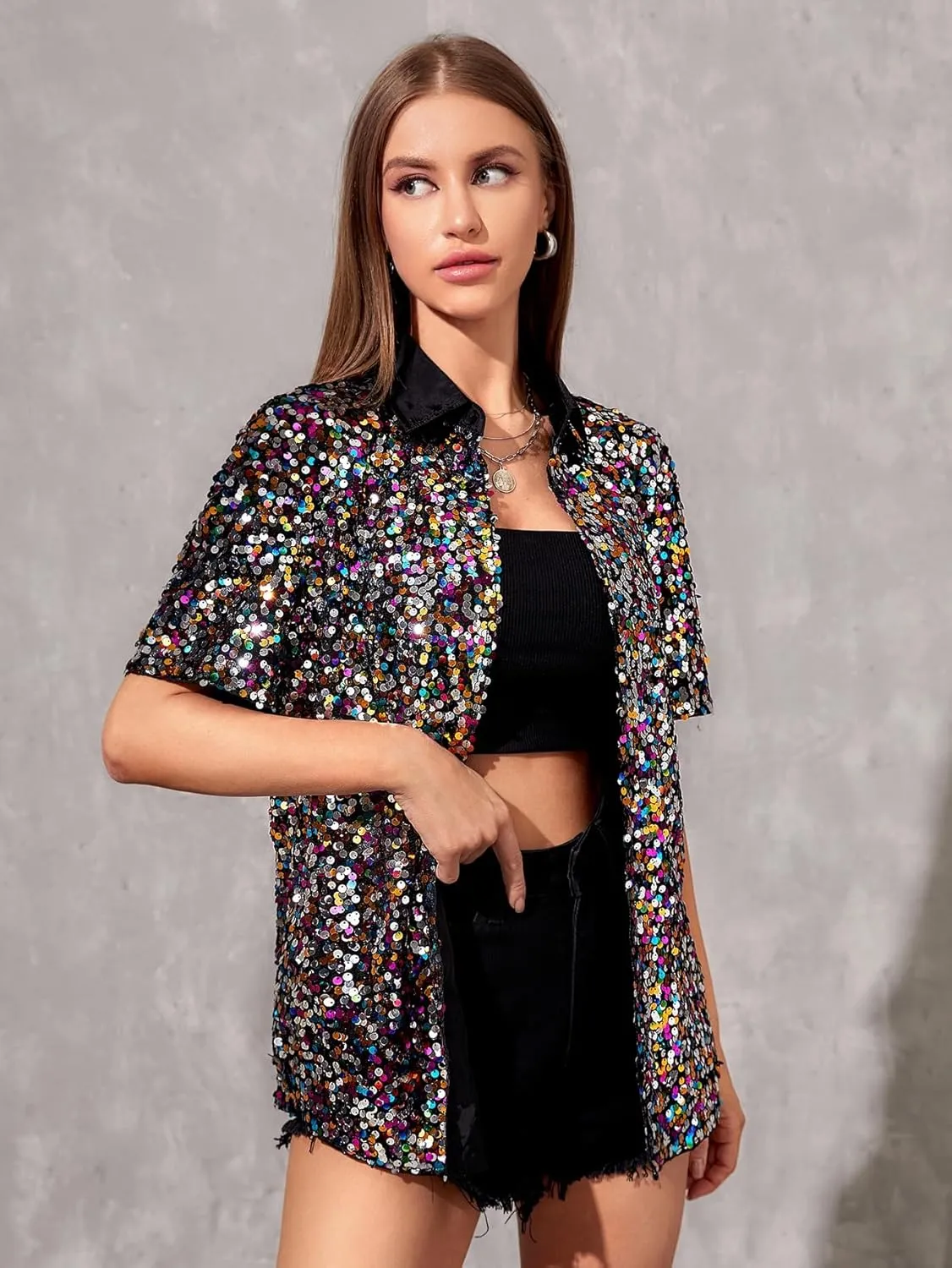 WDIRARA Men's Sequin Color Block Short Sleeve Collared Neck Button Down Shirt Party Club Tops