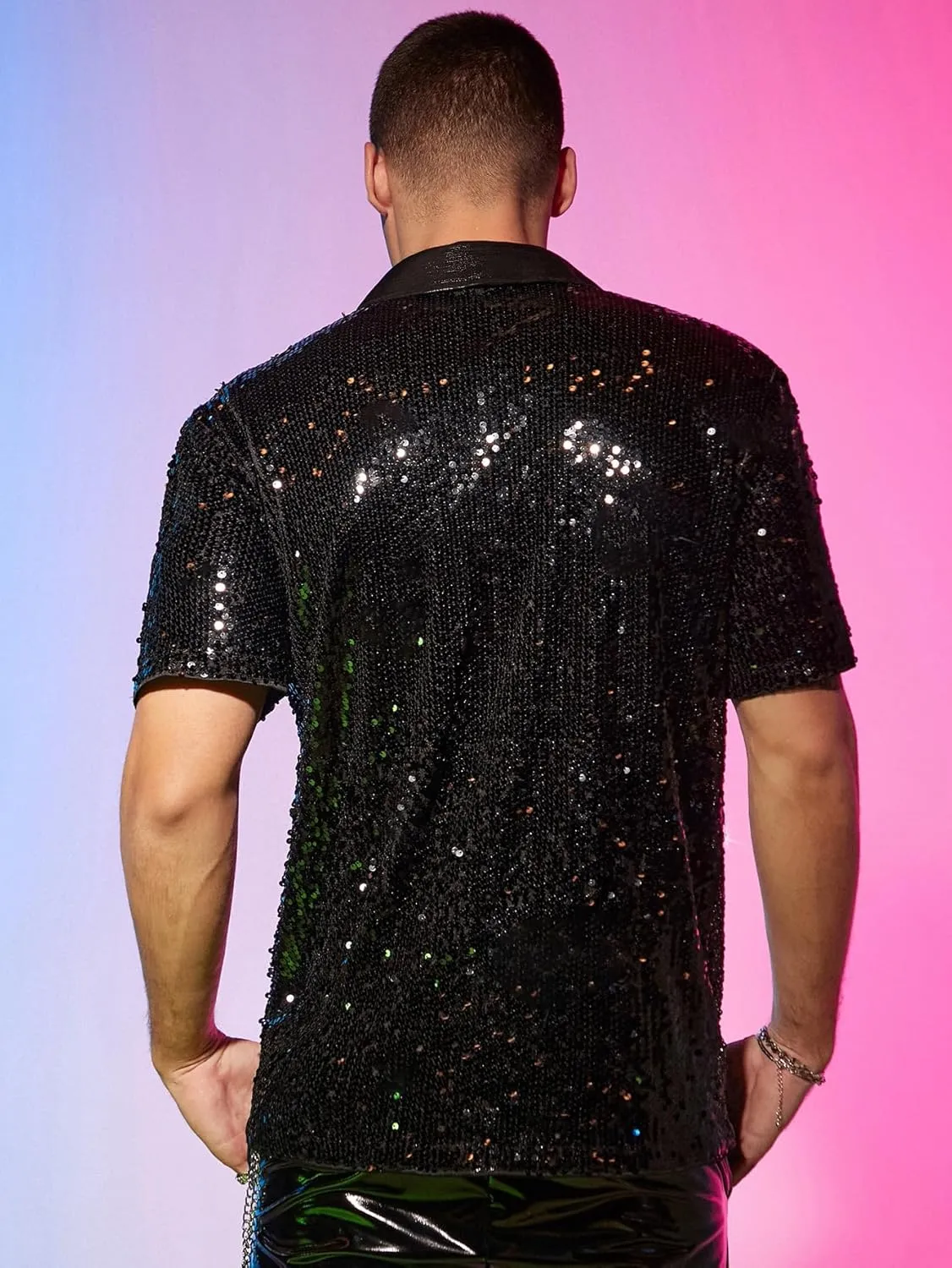 WDIRARA Men's Sequin Color Block Short Sleeve Collared Neck Button Down Shirt Party Club Tops