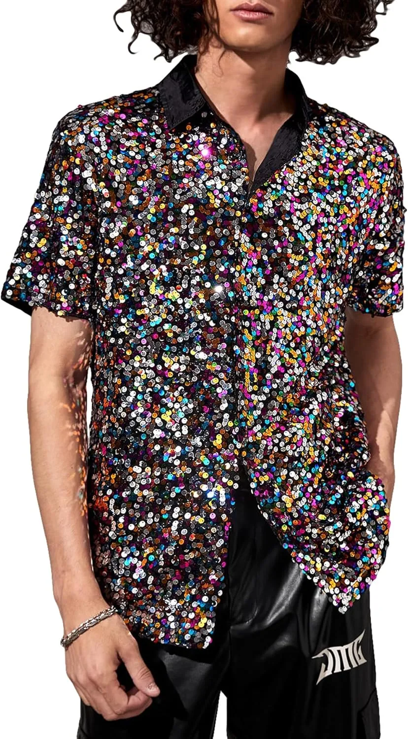WDIRARA Men's Sequin Color Block Short Sleeve Collared Neck Button Down Shirt Party Club Tops