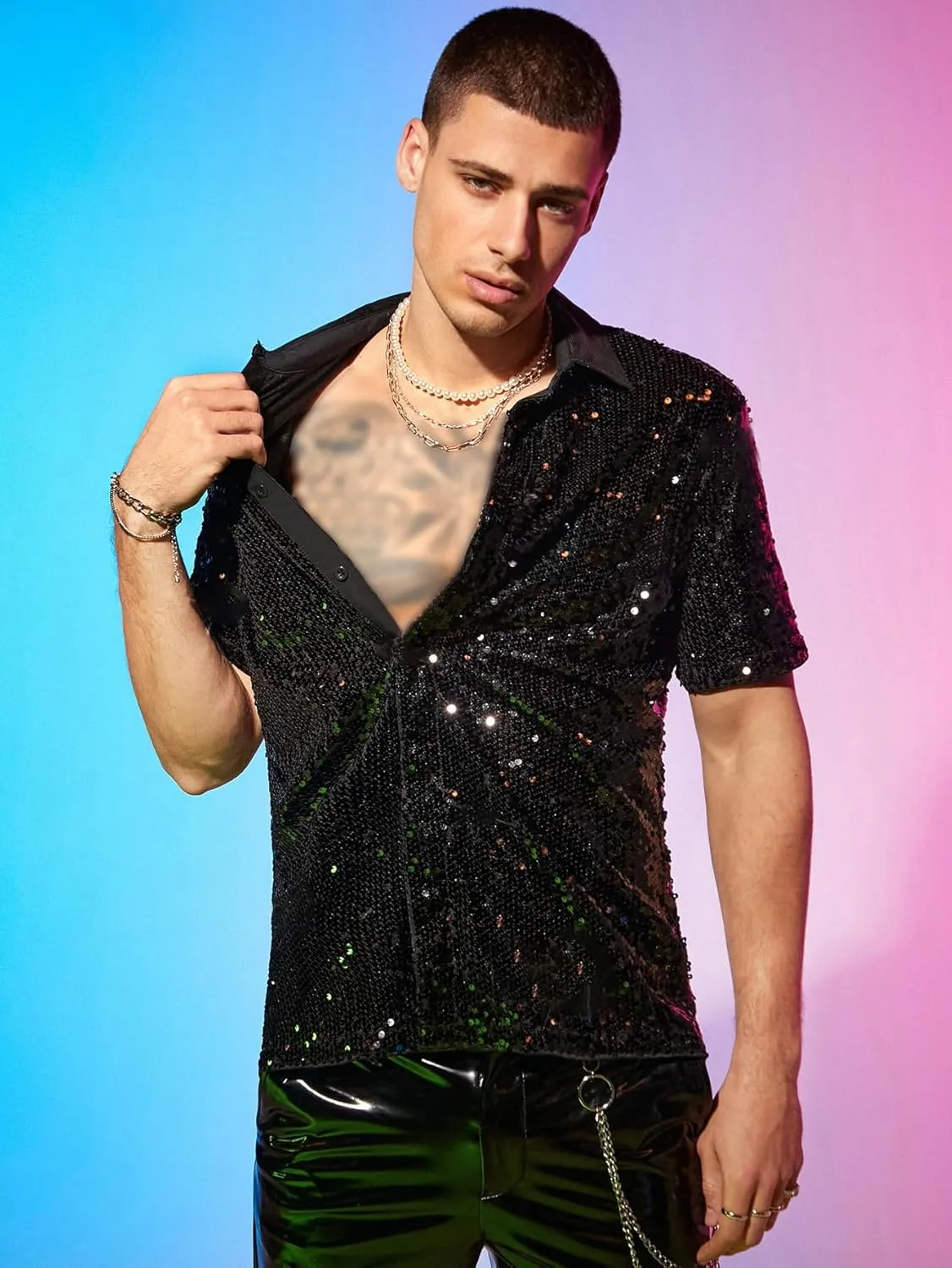 WDIRARA Men's Sequin Color Block Short Sleeve Collared Neck Button Down Shirt Party Club Tops