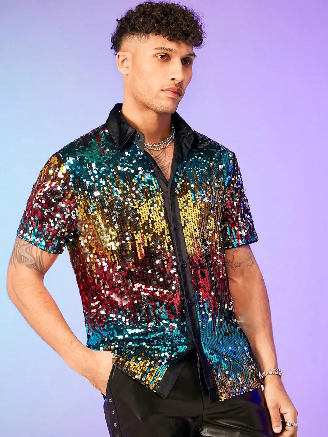 WDIRARA Men's Sequin Color Block Short Sleeve Collared Neck Button Down Shirt Party Club Tops