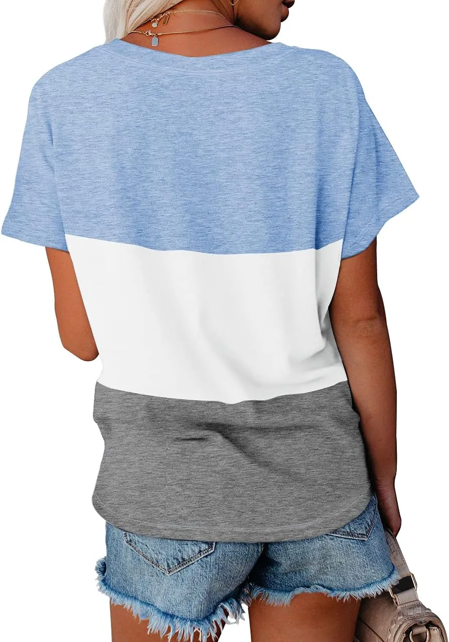 WEESO T Shirts for Women V Neck Summer Color Block Tops