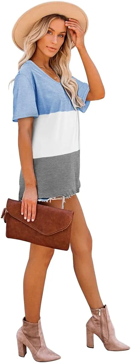 WEESO T Shirts for Women V Neck Summer Color Block Tops