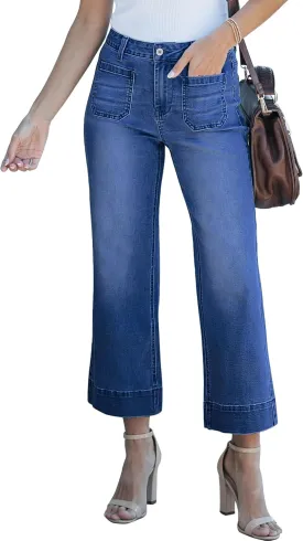 Wide Leg Jeans for Women Mid Waisted Straight Leg Stretchy Cropped Denim Pants with Patch Pockets Jeans