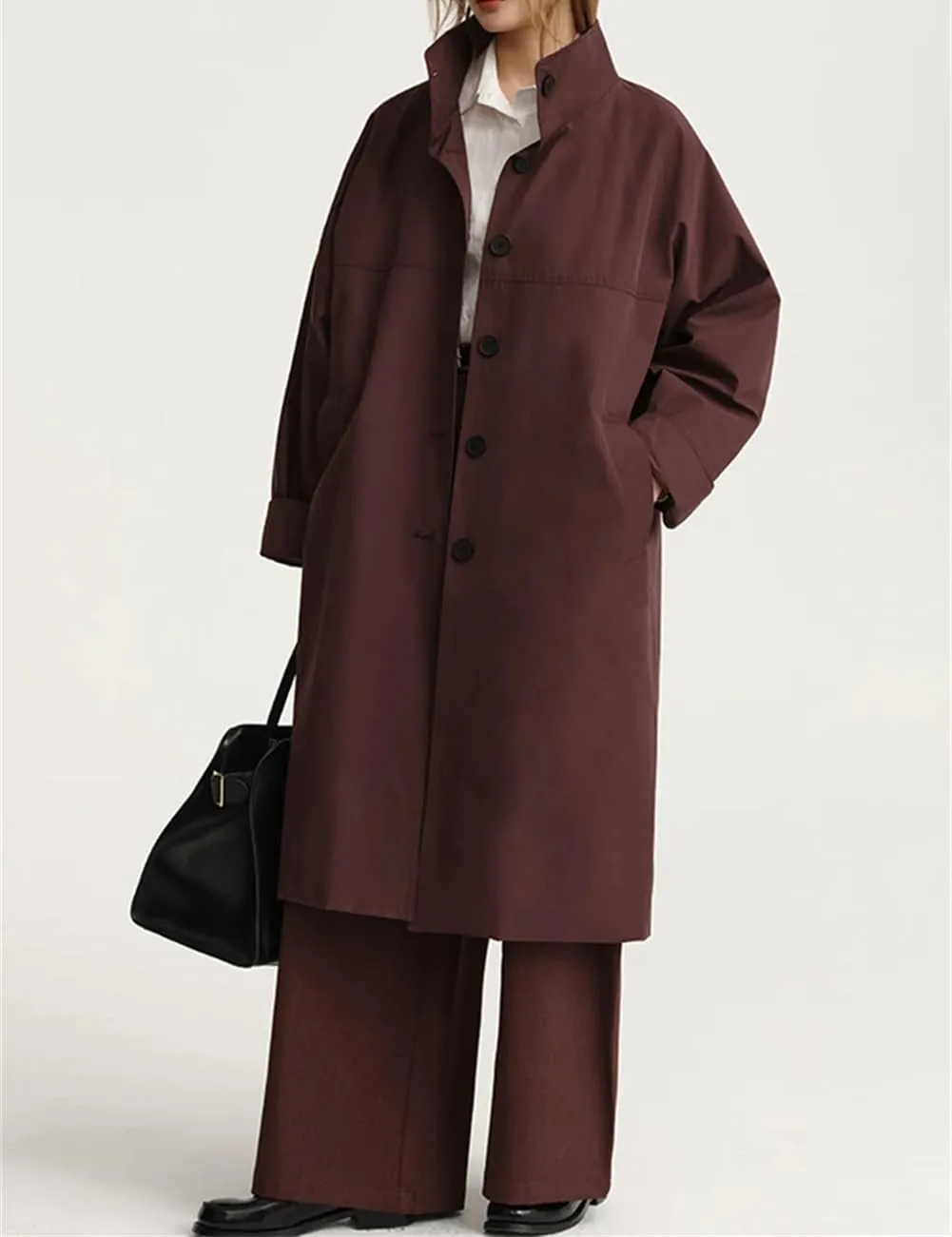 Women Solid Casual Loose Oversized TrenchCoat Stand Collar Long Sleeve Single Breasted Long Coats