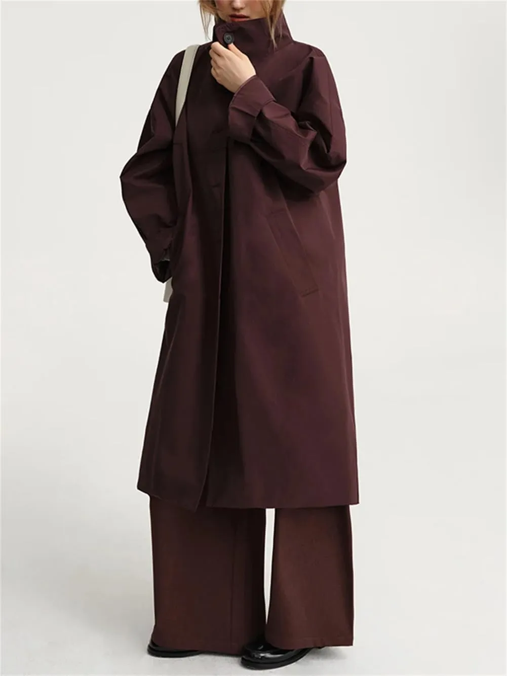 Women Solid Casual Loose Oversized TrenchCoat Stand Collar Long Sleeve Single Breasted Long Coats