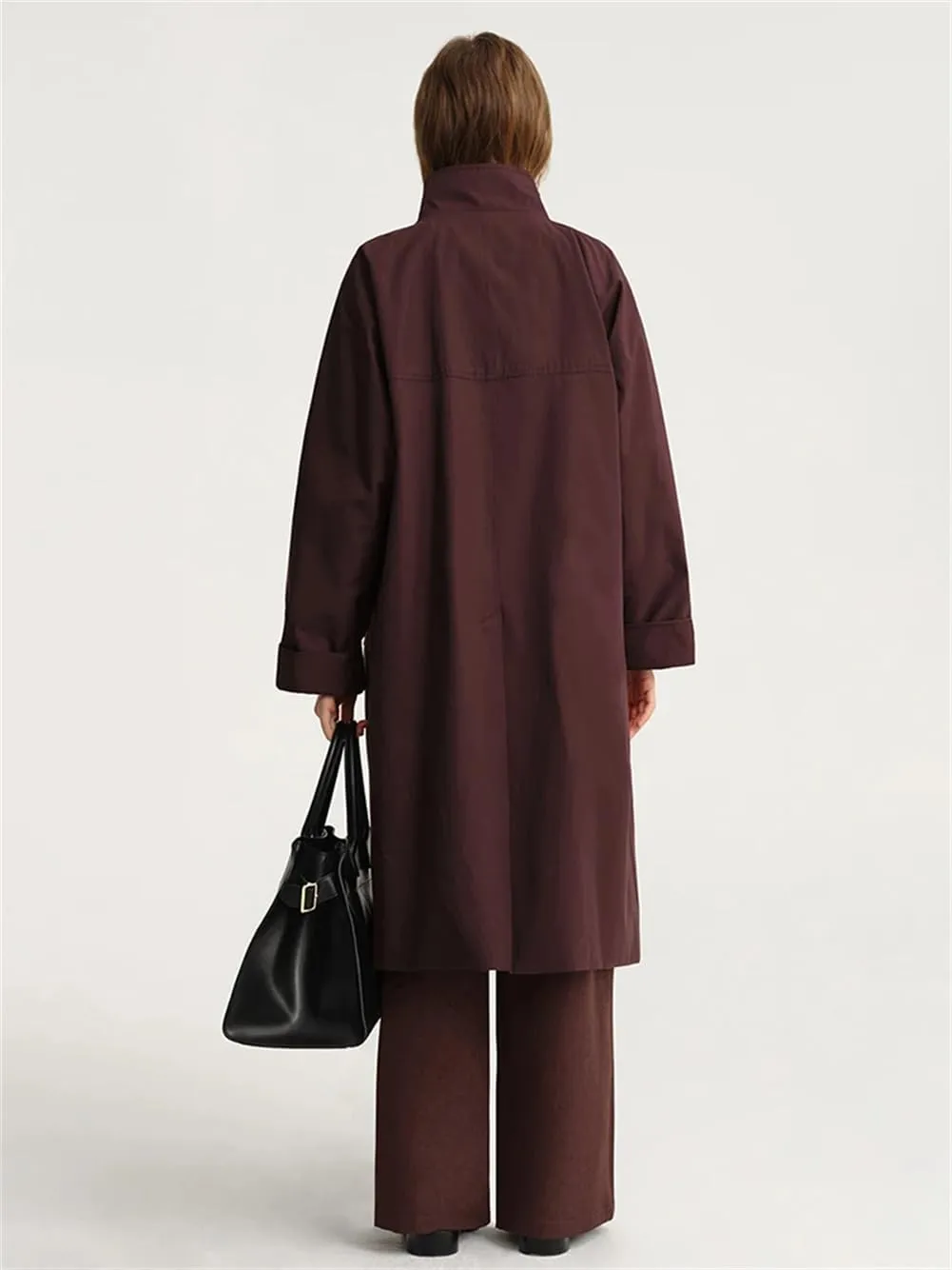 Women Solid Casual Loose Oversized TrenchCoat Stand Collar Long Sleeve Single Breasted Long Coats