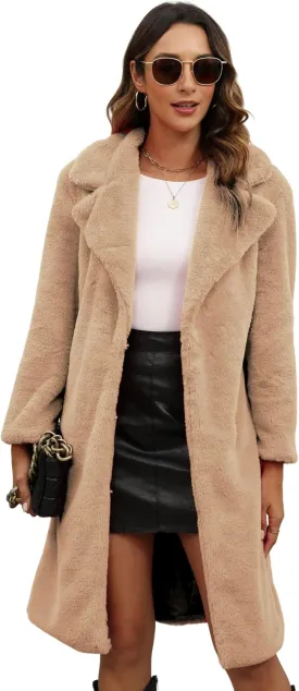 Women's Faux Fur Coat Teddy Fuzzy Fleece Open Front Cardigan Elegant Lapel Collar Long Sleeve Longline Loose Jacket