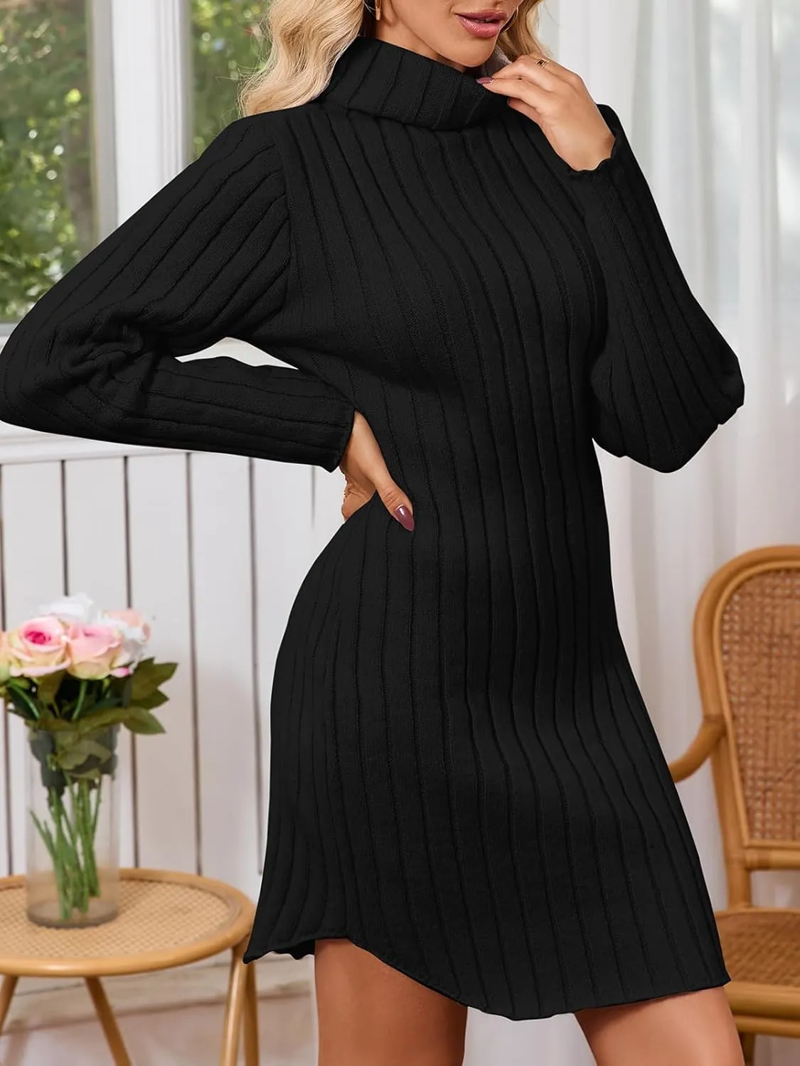 Women's Mock Neck Ribbed Long Sleeve 2025 Spring Bodycon Pullover Cute Mini Sweater Dress Party Club Dress
