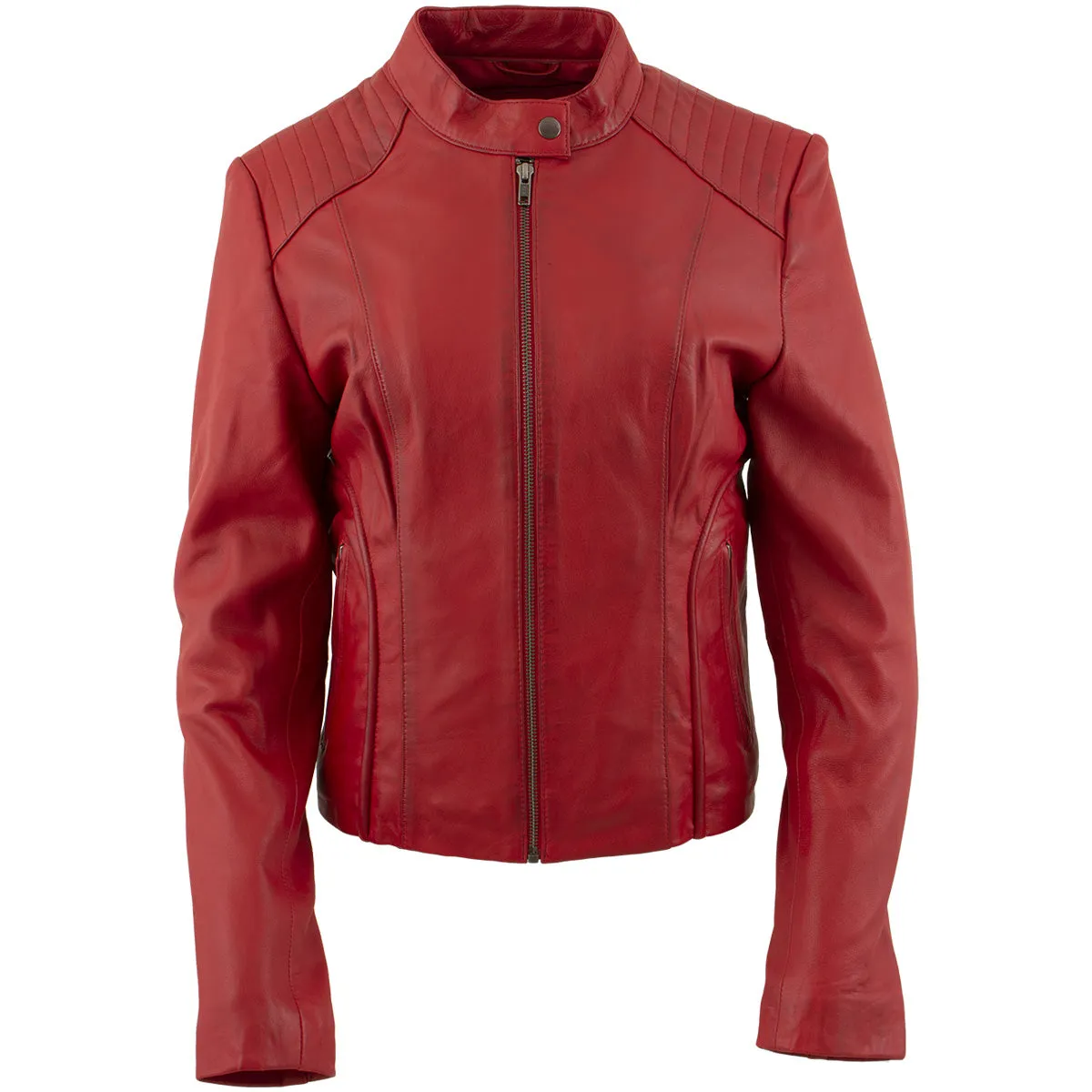 Xelement B91066 Women's ‘Keeper’ Red Leather Scuba Style Biker Jacket