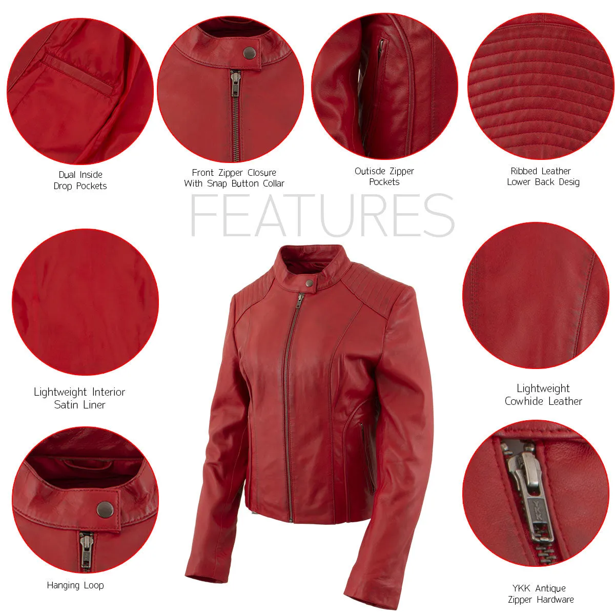 Xelement B91066 Women's ‘Keeper’ Red Leather Scuba Style Biker Jacket