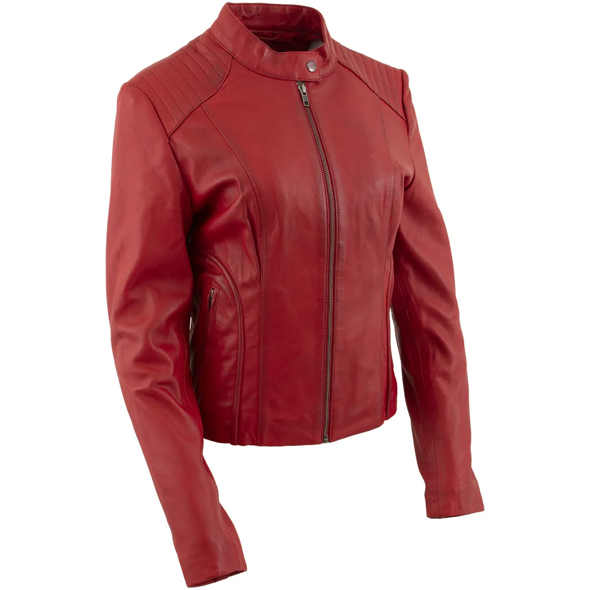 Xelement B91066 Women's ‘Keeper’ Red Leather Scuba Style Biker Jacket