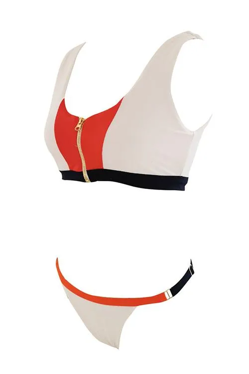 Zipper Color Block Bikini Set