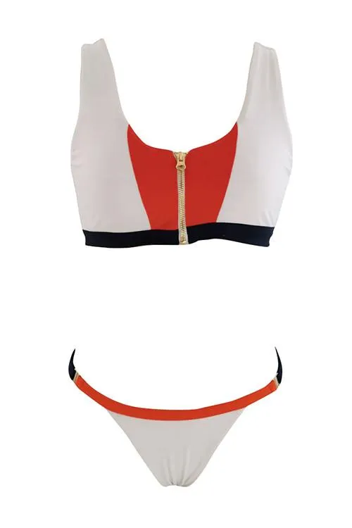 Zipper Color Block Bikini Set